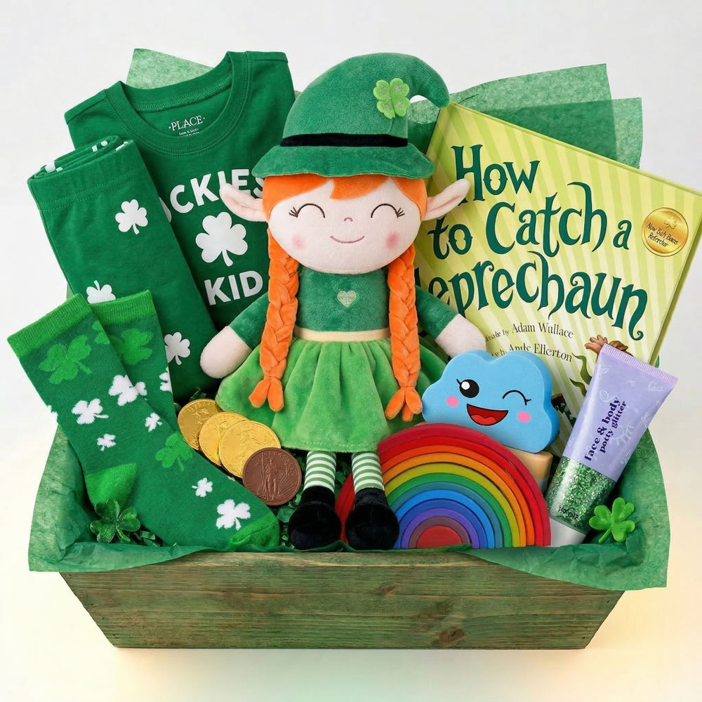 St. Patrick’s Day Basket Ideas for Kids with Sensory Play and Lucky Gifts St. Patrick’s Day kids basket with lucky shirt, shamrock socks, leprechaun doll, gold coins, glitter, and sensory play rice