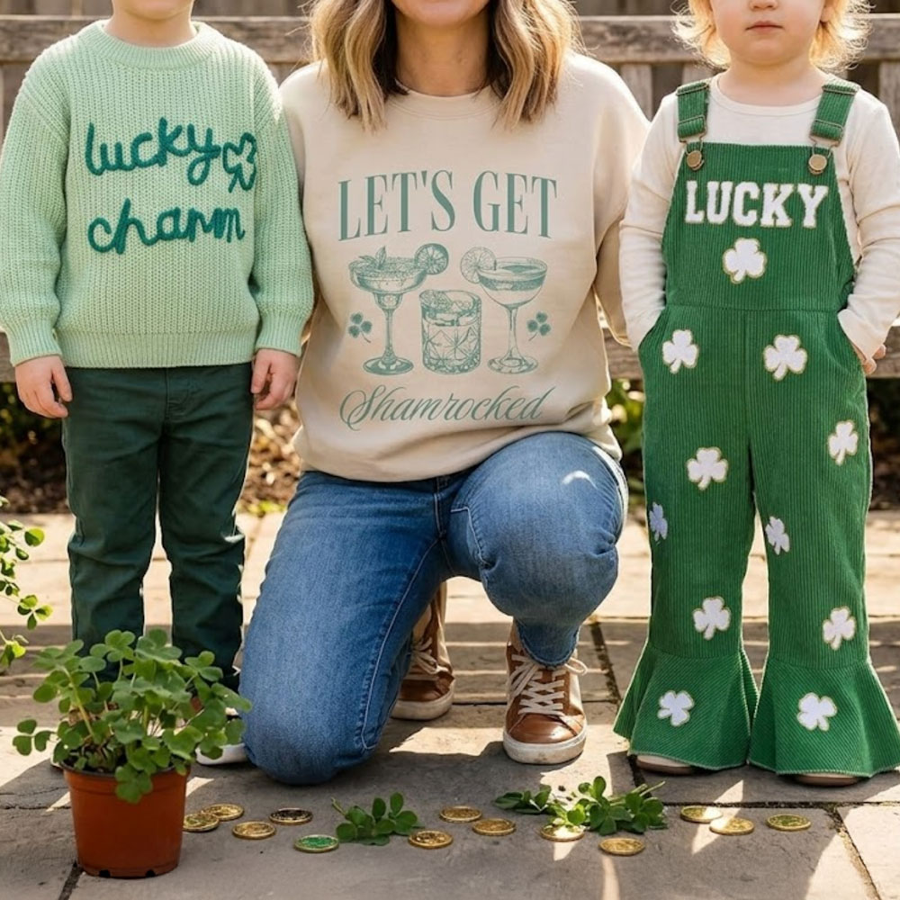 Alt Text Children’s St. Patrick’s Day books including Pete the Cat The Great Leprechaun Chase and How to Catch a Leprechaun displayed with shamrocks and gold coins. Cute St. Patrick’s Day Outfits for Kids and Families<br />