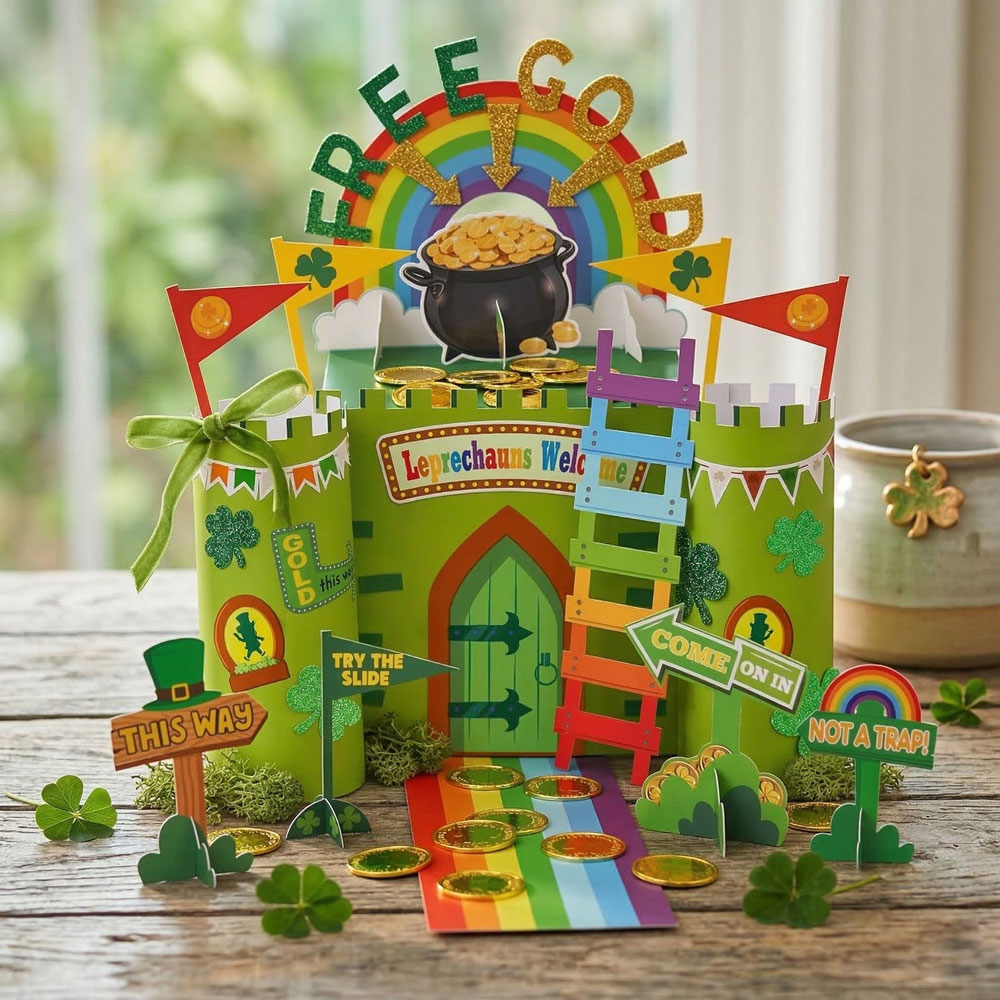 DIY Leprechaun Trap for Kids with Rainbow and Pot of Gold Kit Colorful DIY leprechaun trap craft for kids with rainbow path, pot of gold, ladder, and shamrock decorations for St. Patrick’s Day