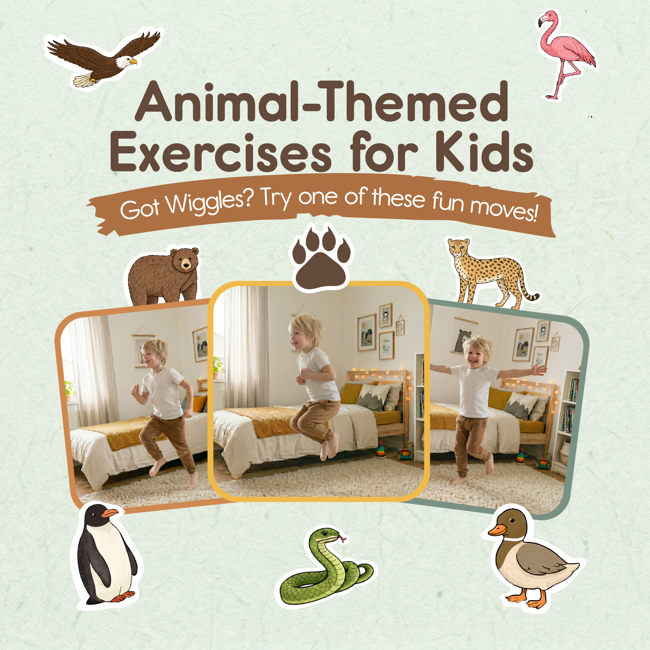 Animal-Themed Active Play Summary Graphic Graphic titled Animal-Themed Exercises for Kids featuring a boy demonstrating movements alongside animal illustrations like an eagle, flamingo, and cheetah.