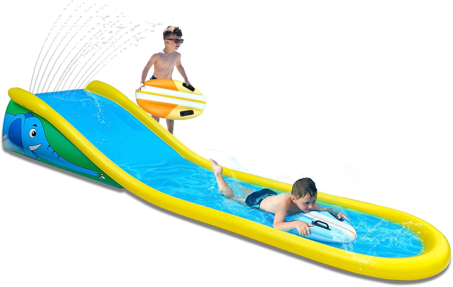 Kids Backyard Water Slide with Sprinkler Summer Activity Kids playing on a backyard water slide with built-in sprinkler and inflatable body boards