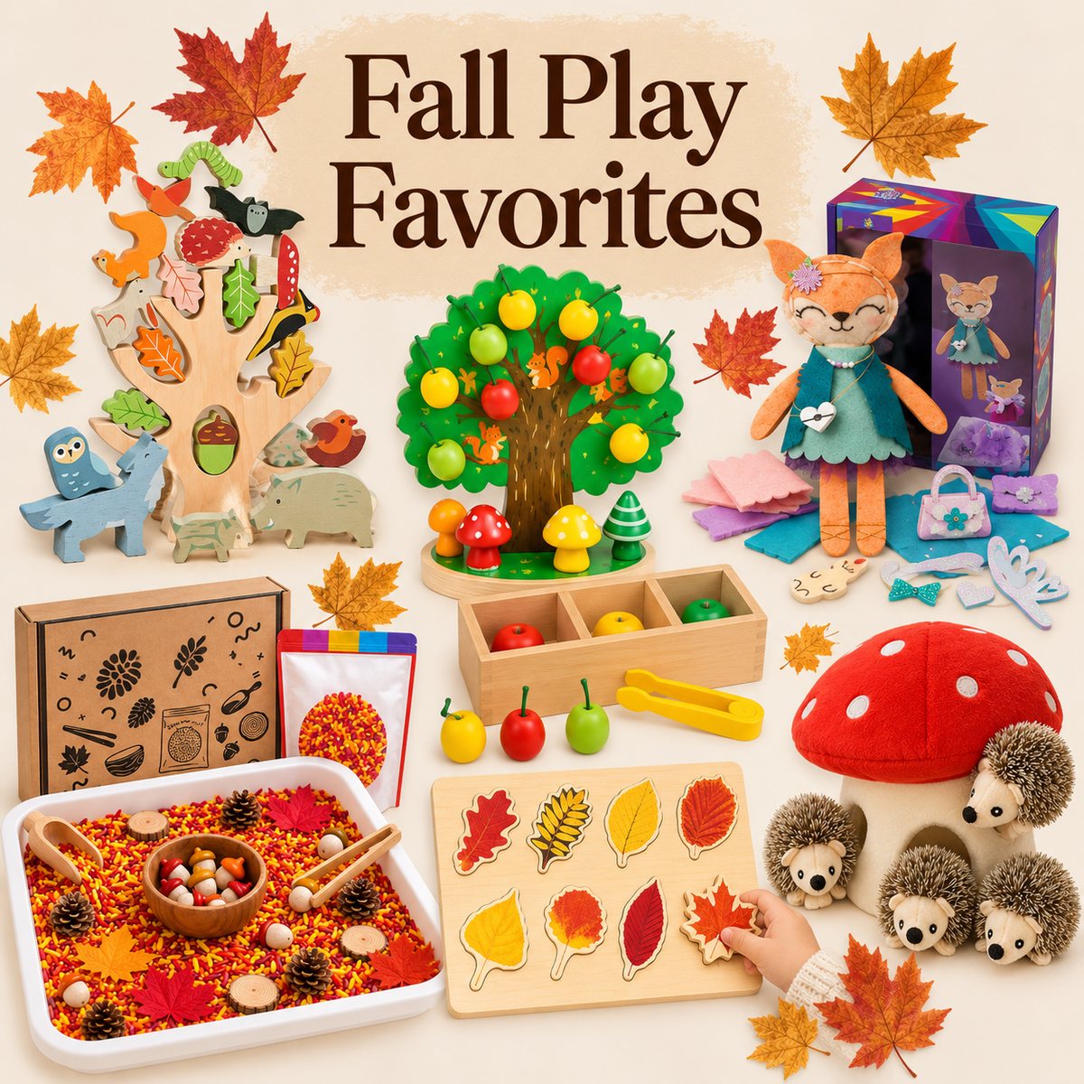 Fall play favorites for kids: wooden stacking tree, apple picking toy, fall sensory bin, leaf puzzle and hedgehog plush