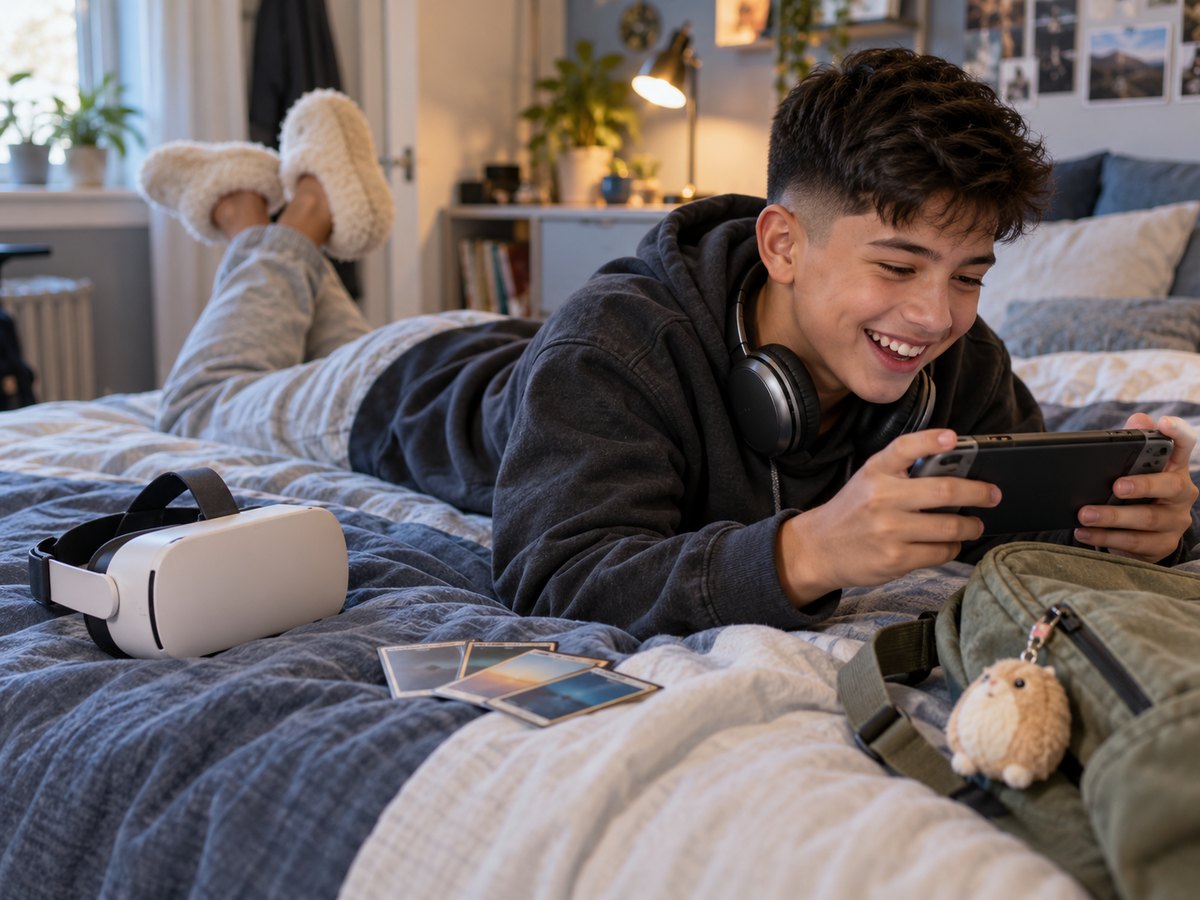 A thirteen-year-old playing a handheld console on his bed beside a VR headset, a backpack and trading cards