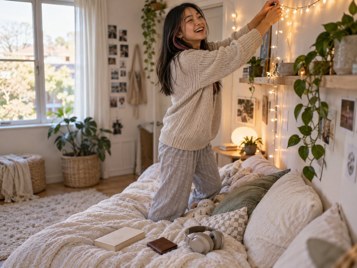 A sixteen-year-old hanging fairy lights above a shelf in her bedroom