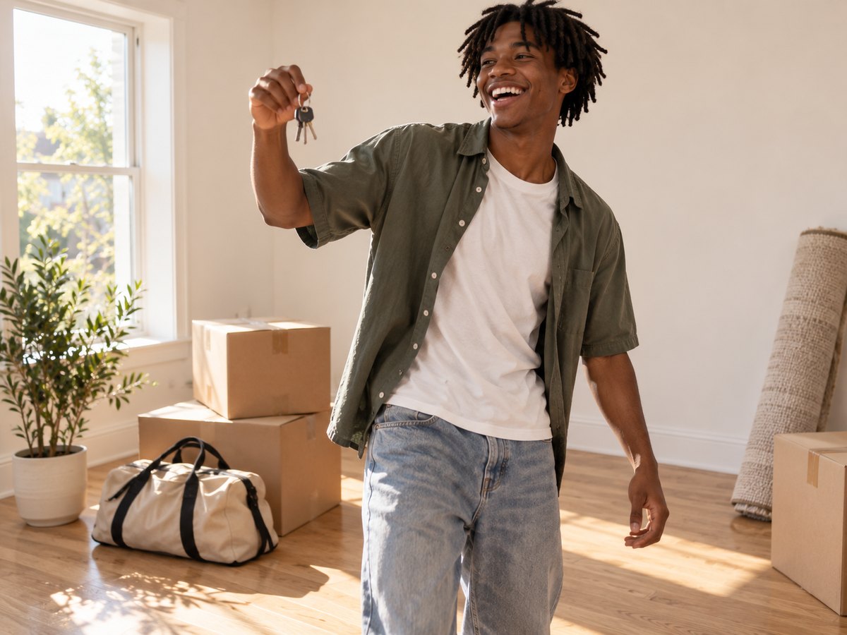 An eighteen-year-old holding up keys in a bright, nearly empty first flat surrounded by packing boxes