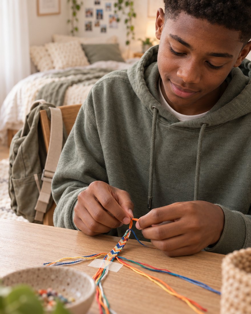 A fourteen-year-old knotting a friendship bracelet from embroidery threads at a desk