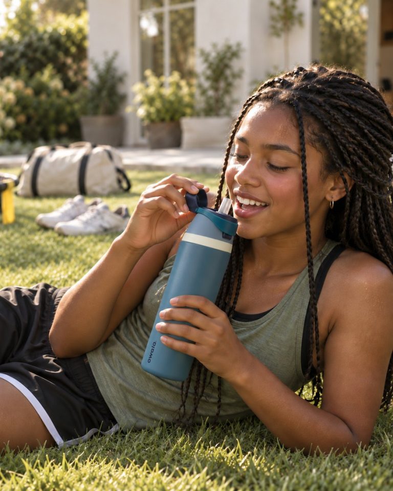 A fifteen-year-old on the grass with a water bottle after a game
