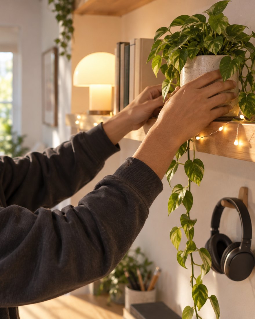 A sixteen-year-old settling a trailing plant onto a shelf beside a lamp and books