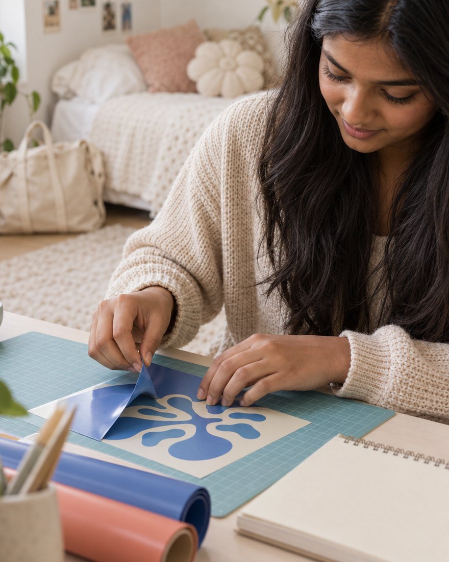 A seventeen-year-old peeling a cut vinyl shape off a craft cutting mat