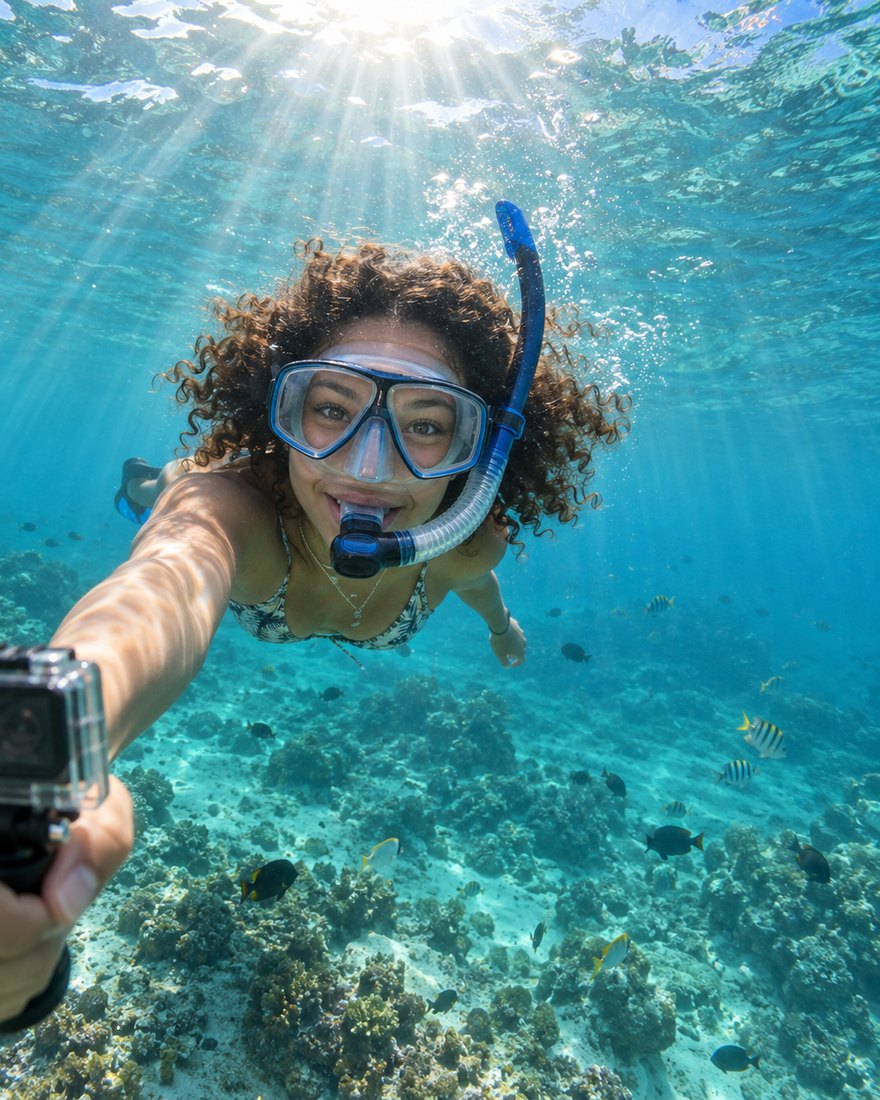 An eighteen-year-old snorkelling over a reef, filming with an action camera in a waterproof case
