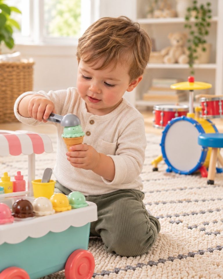 A two-year-old scooping pretend ice cream at a toy cart