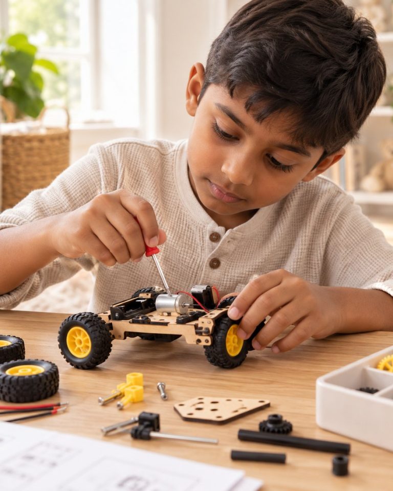 A nine-year-old fitting a motor onto a model buggy from a science kit