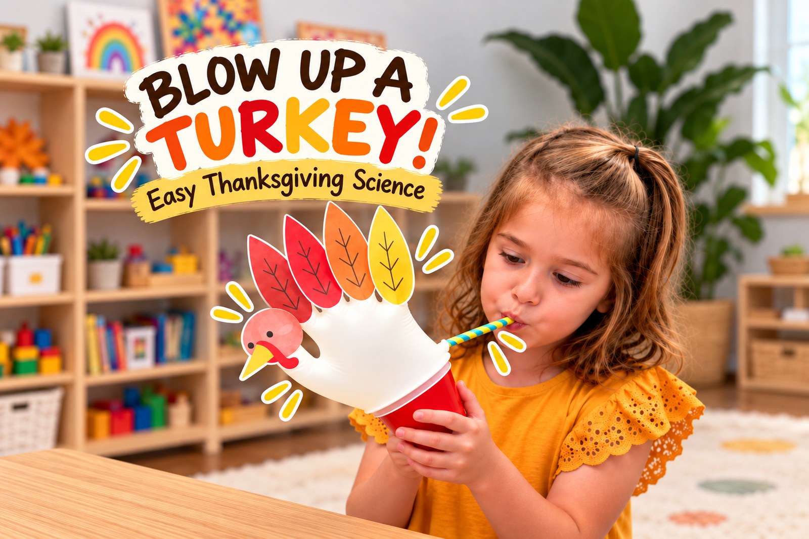 A young girl blowing through a striped paper straw into a red cup, with an inflated white glove turkey with paper feathers rising out of the top