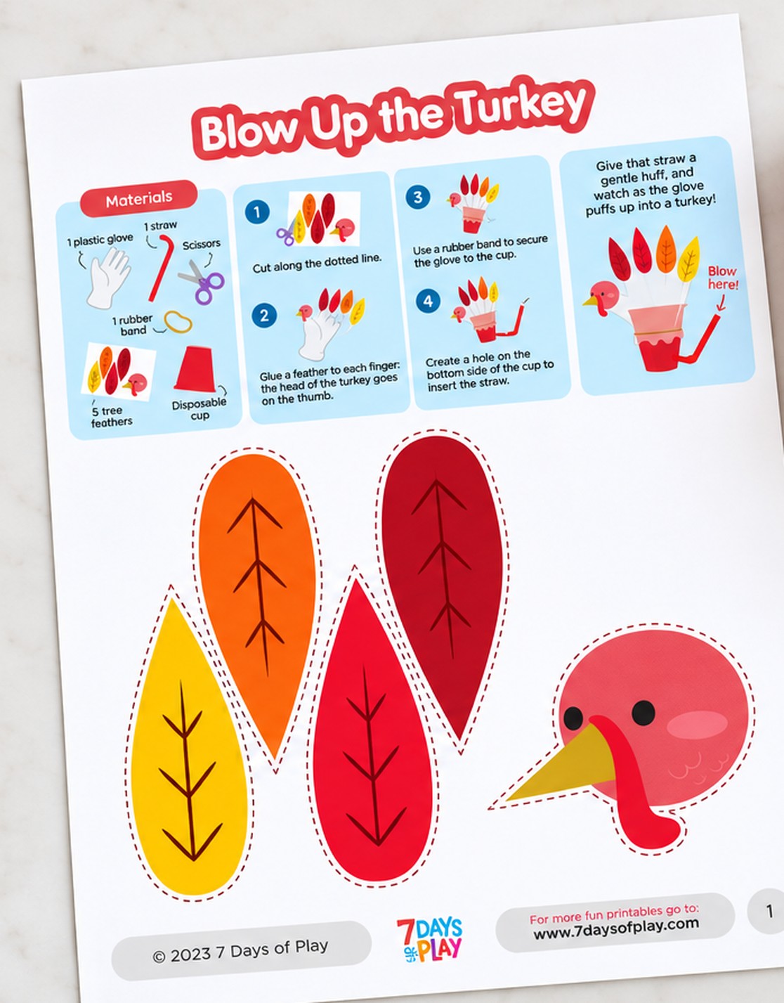 The Blow Up the Turkey printable sheet showing the materials list, numbered steps, four cut-out tail feathers and the turkey head