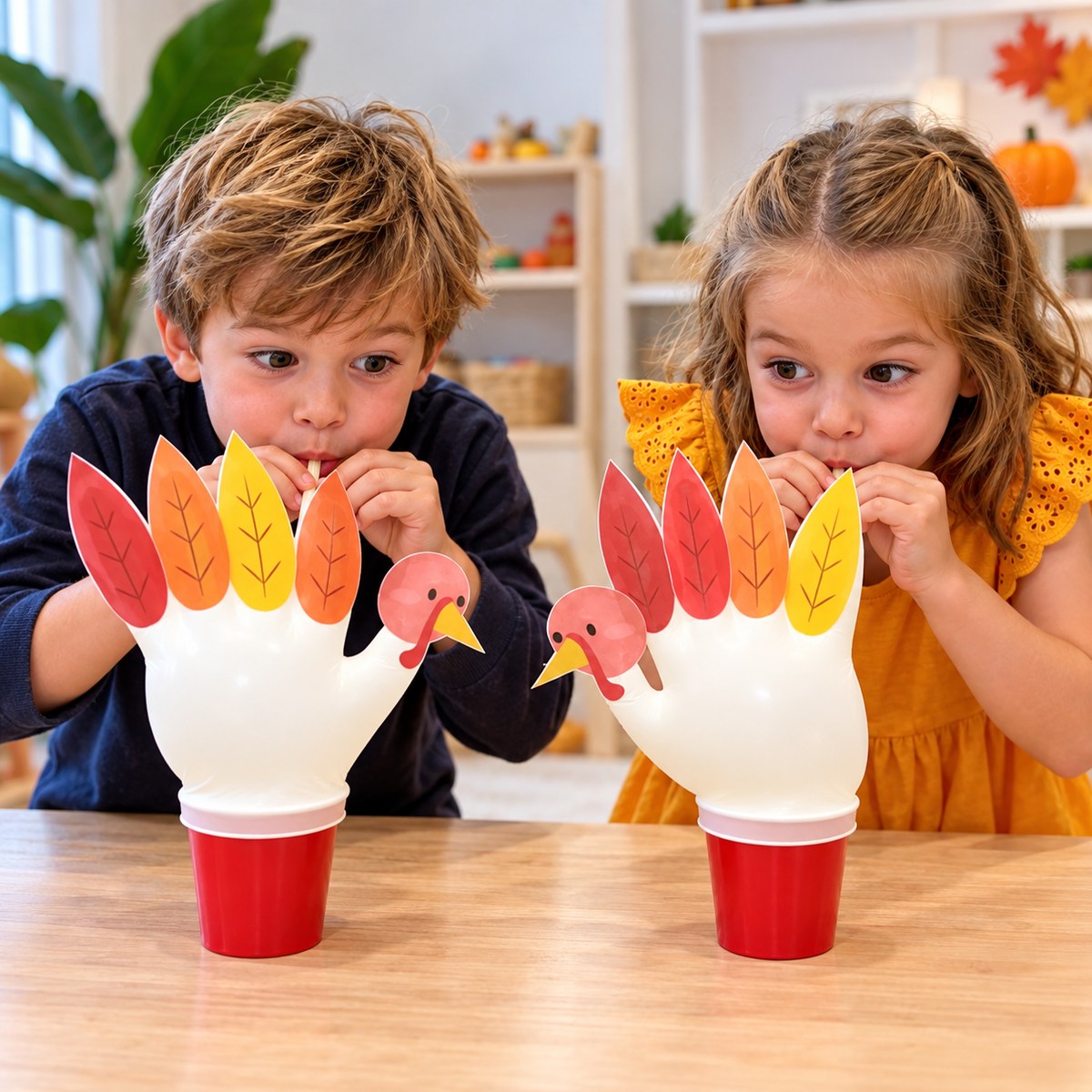 A boy and a girl sitting at a table each blowing through a straw into their own red cup, with two paper feathered glove turkeys inflating side by side