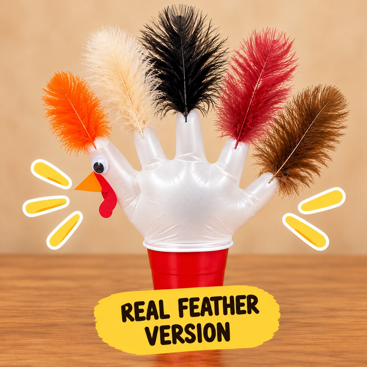 The same glove turkey made with real craft feathers taped to the fingertips and a googly eye instead of the printed paper head, inflating out of a red cup