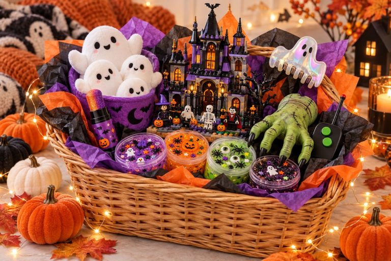 A big kid boo basket with a brick-built haunted house, remote control crawling hand, Halloween slimes, ghost plushies and a ghost hair clip