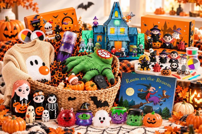 A boo basket for kids filled with Halloween toys, books and crafts