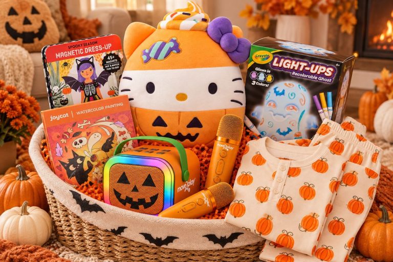 A preschool boo basket with a pumpkin plush, magnetic dress-up tin, watercolor painting book, Crayola Light-Ups ghost, a karaoke speaker with microphones and pumpkin pajamas