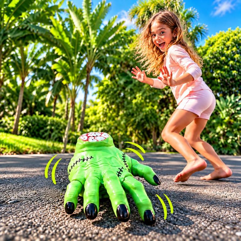 A girl laughing as a remote control crawling hand scuttles across the path towards her