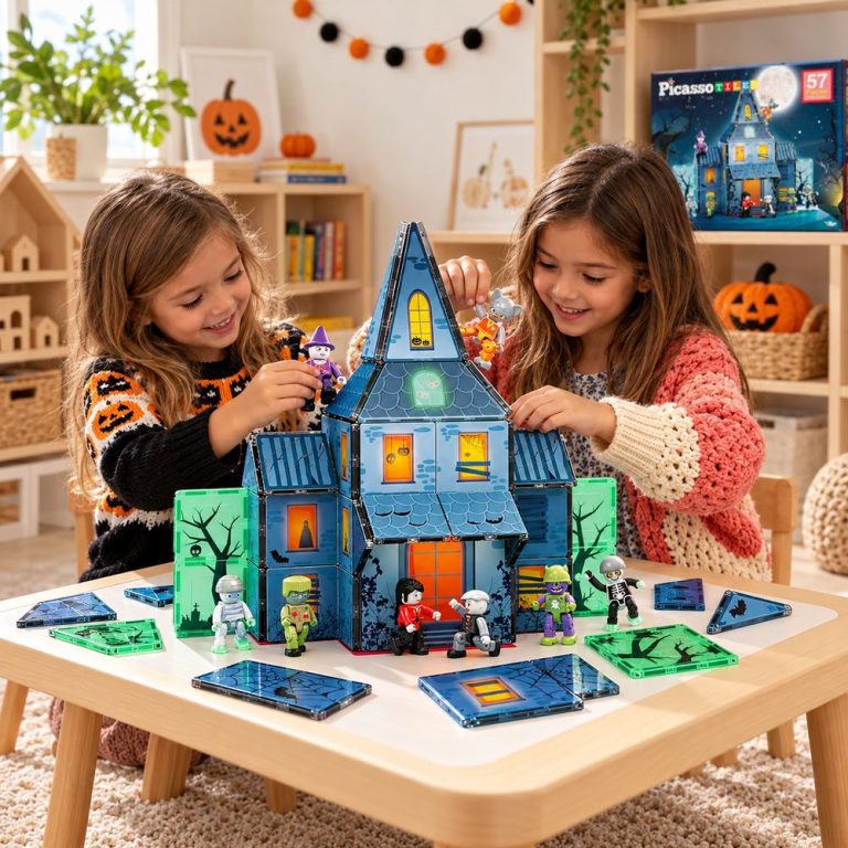 Two children building a magnetic tile haunted house together, loose tiles spread across the table