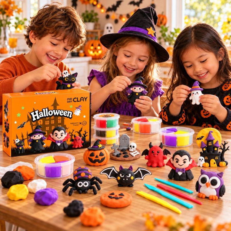 Three children making Halloween figures from a Halloween air dry clay kit at the kitchen table