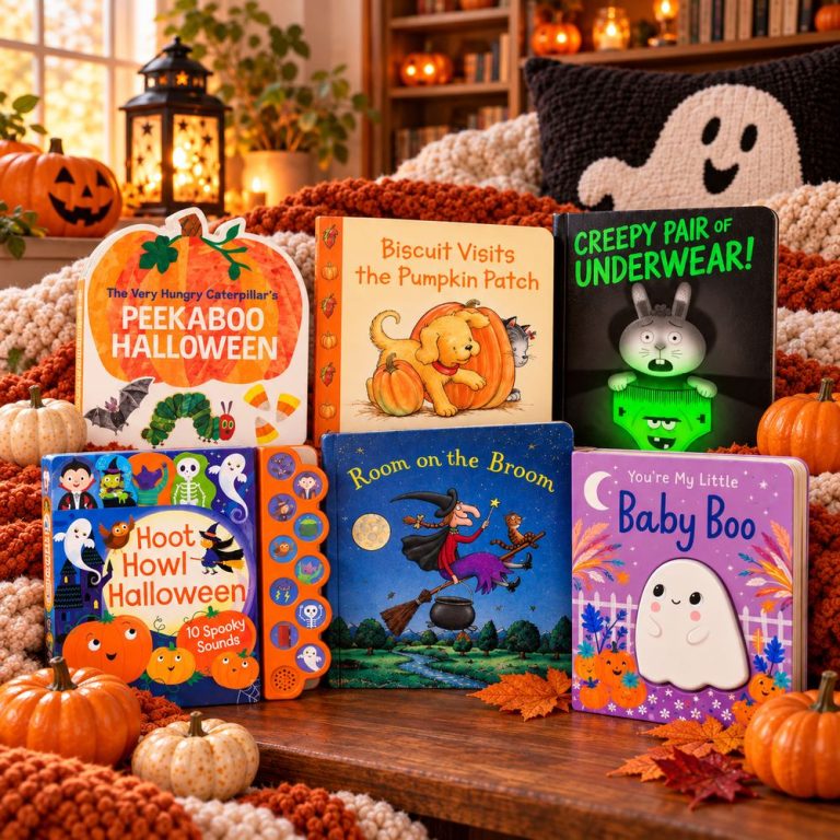 Six Halloween picture books for children propped up by a lantern, including Room on the Broom and Creepy Pair of Underwear