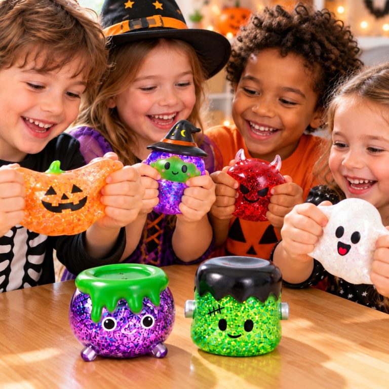 Four children in Halloween costumes stretching glitter squishy toys shaped like a pumpkin, a witch, a devil and a ghost