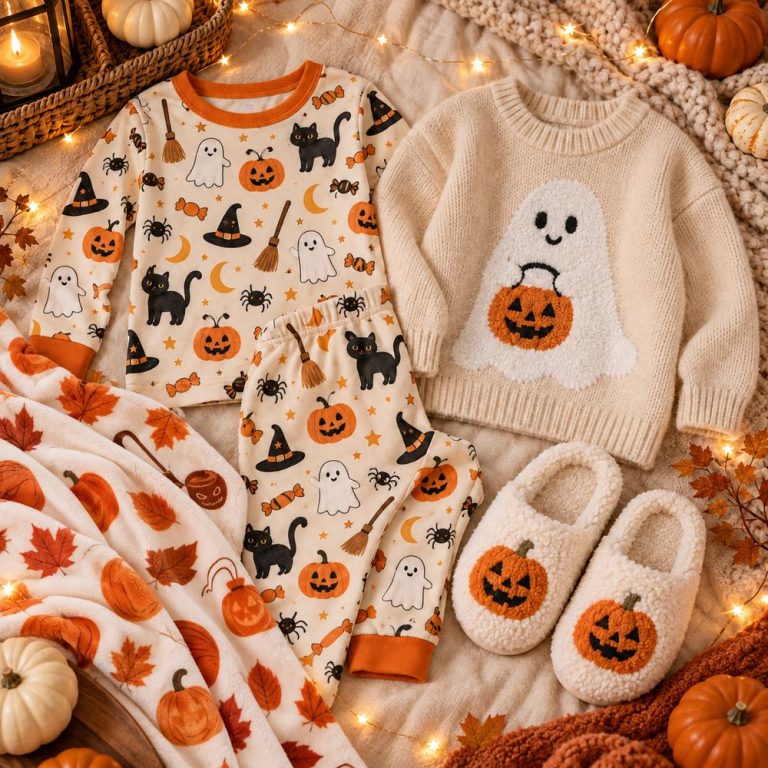 A Halloween flat lay with printed pajamas, a cream ghost sweater, pumpkin slippers and a pumpkin blanket under fairy lights
