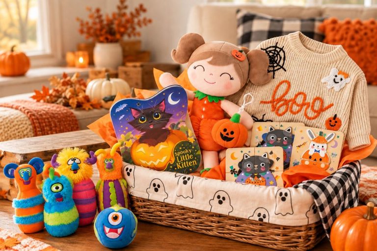 A toddler boo basket with a pumpkin rag doll, a Spooky Little Kitten board book, chunky monster bowling pins, wooden puzzles and a boo sweater