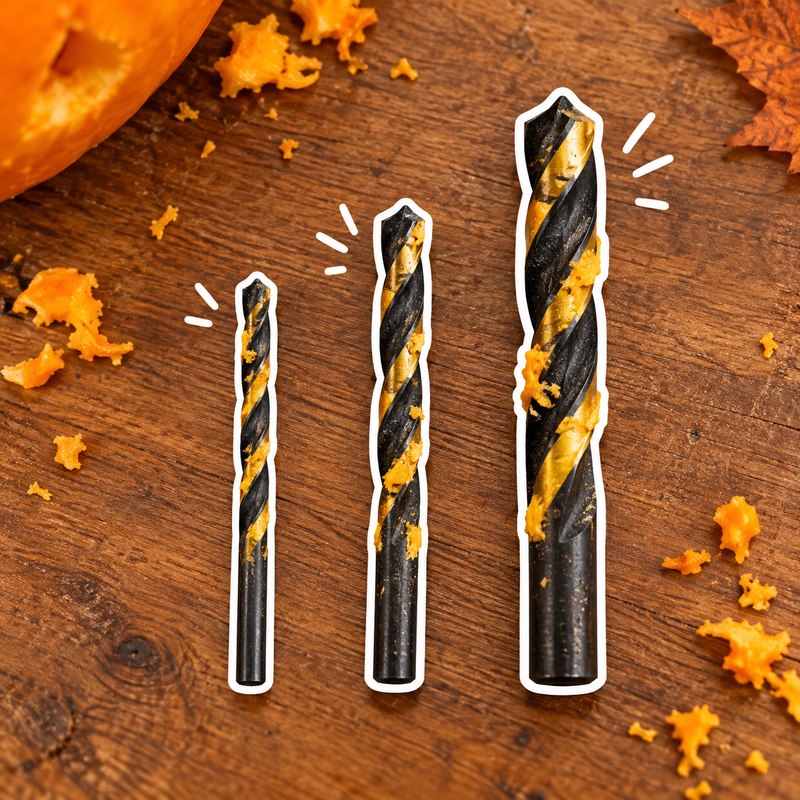 Three drill bits of increasing size laid side by side on a wood table, coated in pumpkin flesh
