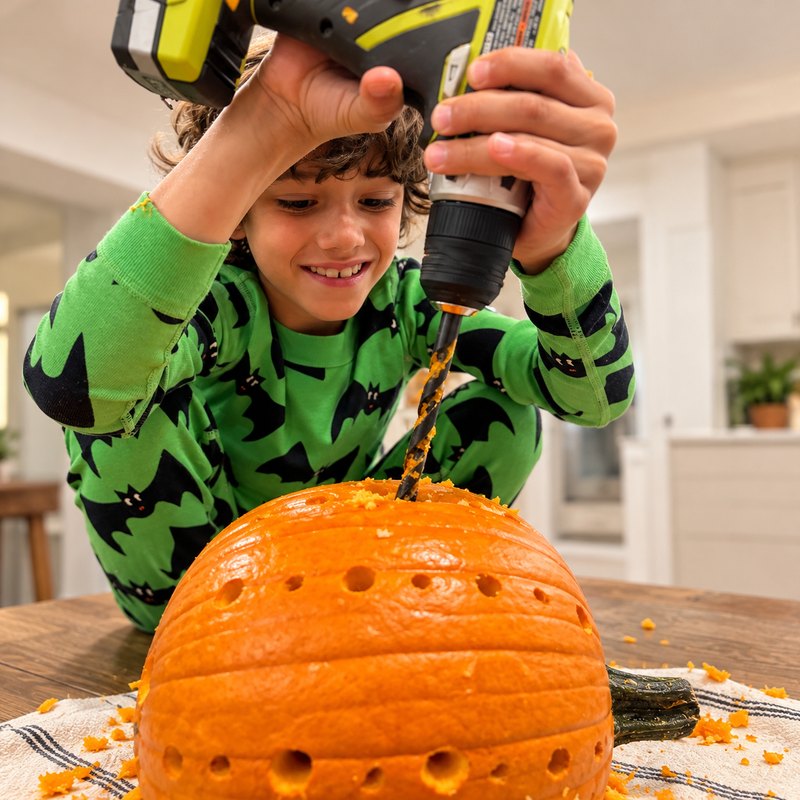 A smiling boy in bat pajamas pressing a drill bit into the top of a pumpkin that already has two rows of holes