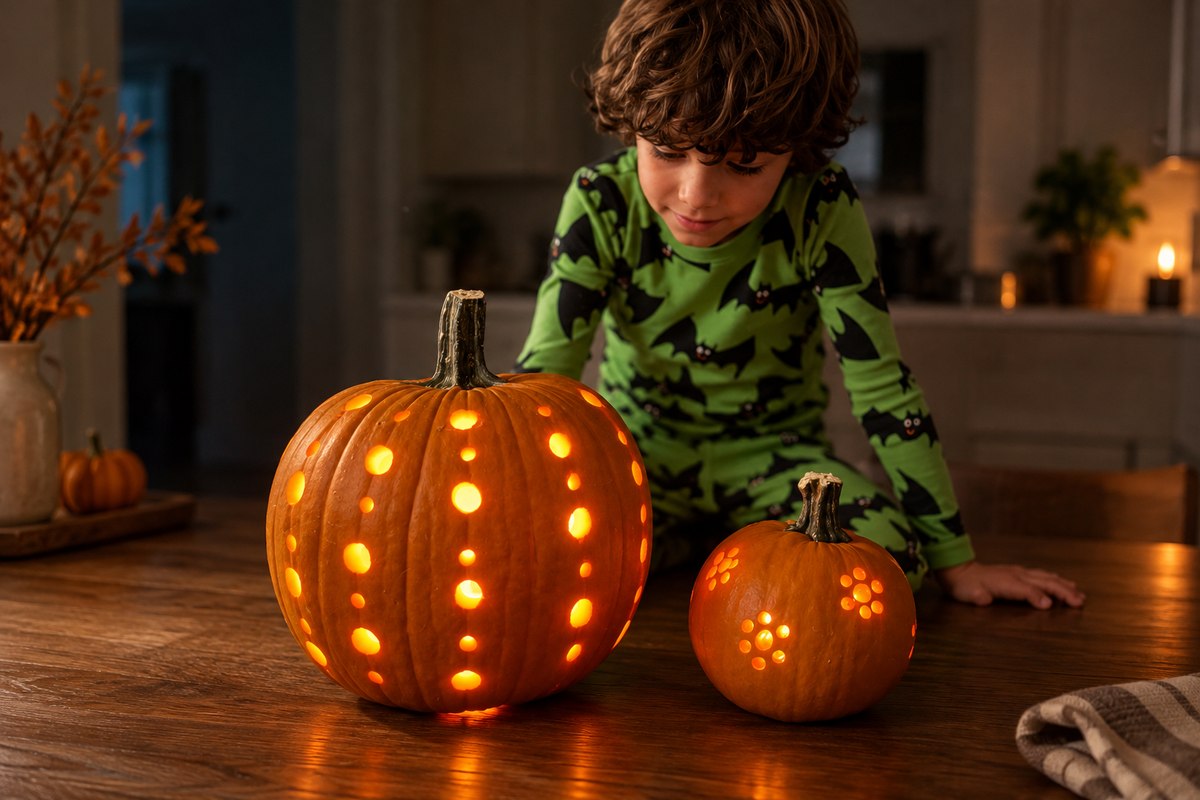 A boy in bat pajamas looking at two drilled pumpkins glowing on a wood table in a dark kitchen
