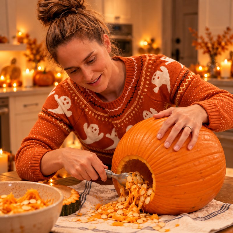 Scooping the seeds and strings out of a pumpkin through a hole cut in the bottom