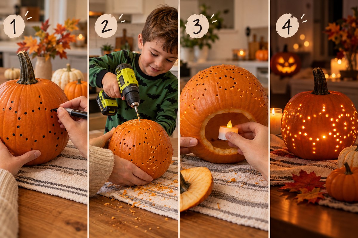 Four numbered steps - marking dots with a pen, drilling the holes, placing a battery tea light inside, and the finished pumpkin glowing