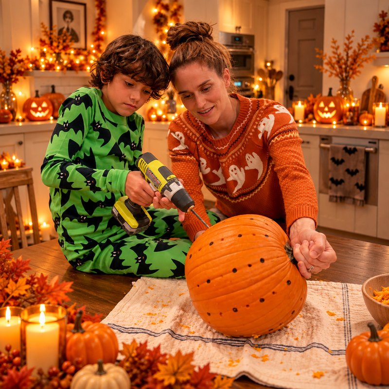 A mother holding a pumpkin steady while her son drills a row of holes into it at the kitchen table