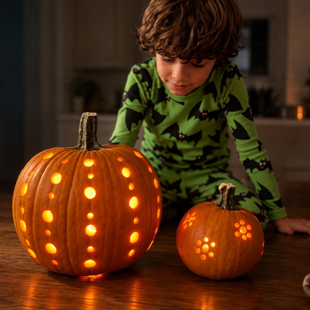drilled pumpkin decorating idea - two pumpkins with glowing drilled holes and a boy looking at them