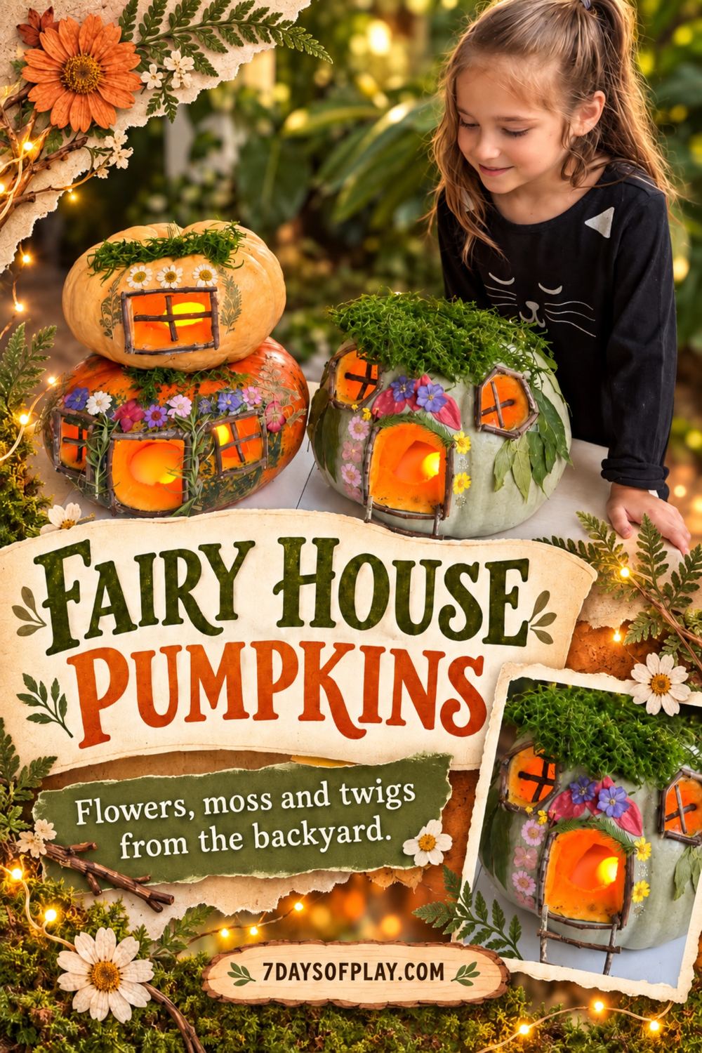 Fairy house pumpkins Pinterest graphic - two glowing pumpkin fairy houses with moss roofs, pressed flowers and twig windows