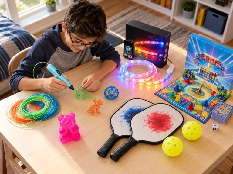 A boy at a desk using a 3D printing pen, with colour-changing LED strip lights, pickleball paddles, a board game and a squishy fidget spread out beside him