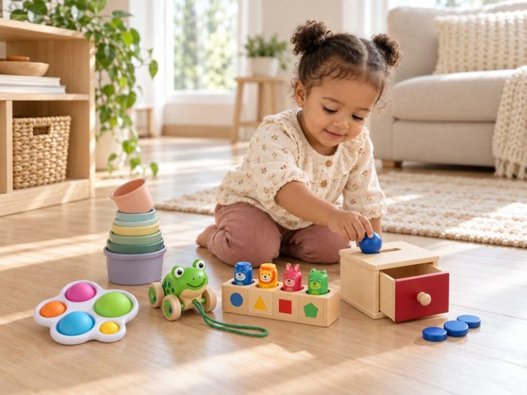 A toddler kneeling on a wooden floor posting a ball into a wooden object permanence box, with stacking cups, a Dimpl, a pull-along frog and a pop-up toy beside her
