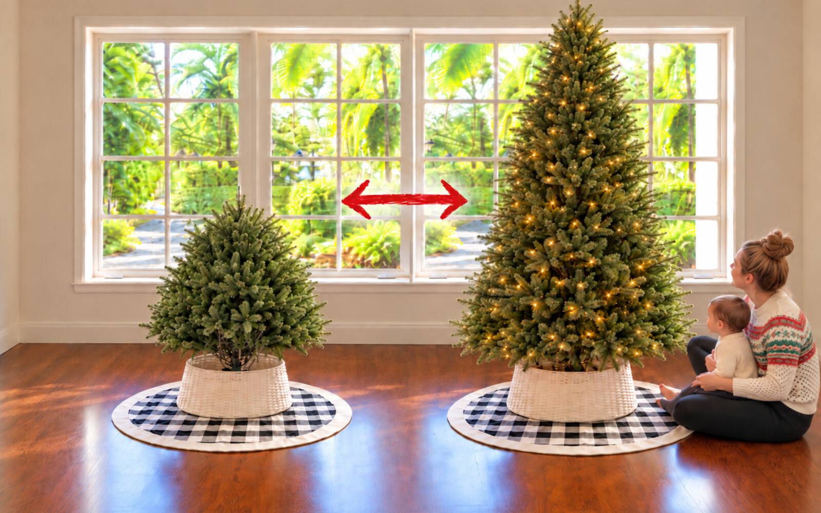 Grow and Stow Christmas tree at full height, lit, in a living room