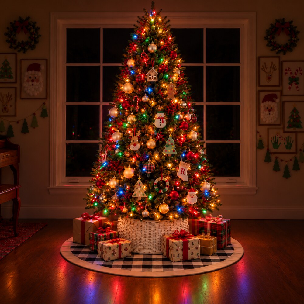 The tree lit at night on the multicolor setting