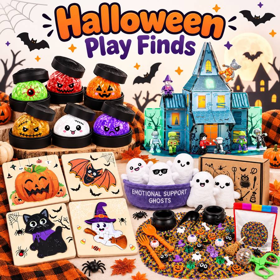 Halloween play favorites for kids - glow pumpkin slime, wooden Halloween puzzles, build-your-own haunted house, plush ghosts and a Halloween sensory bin kit