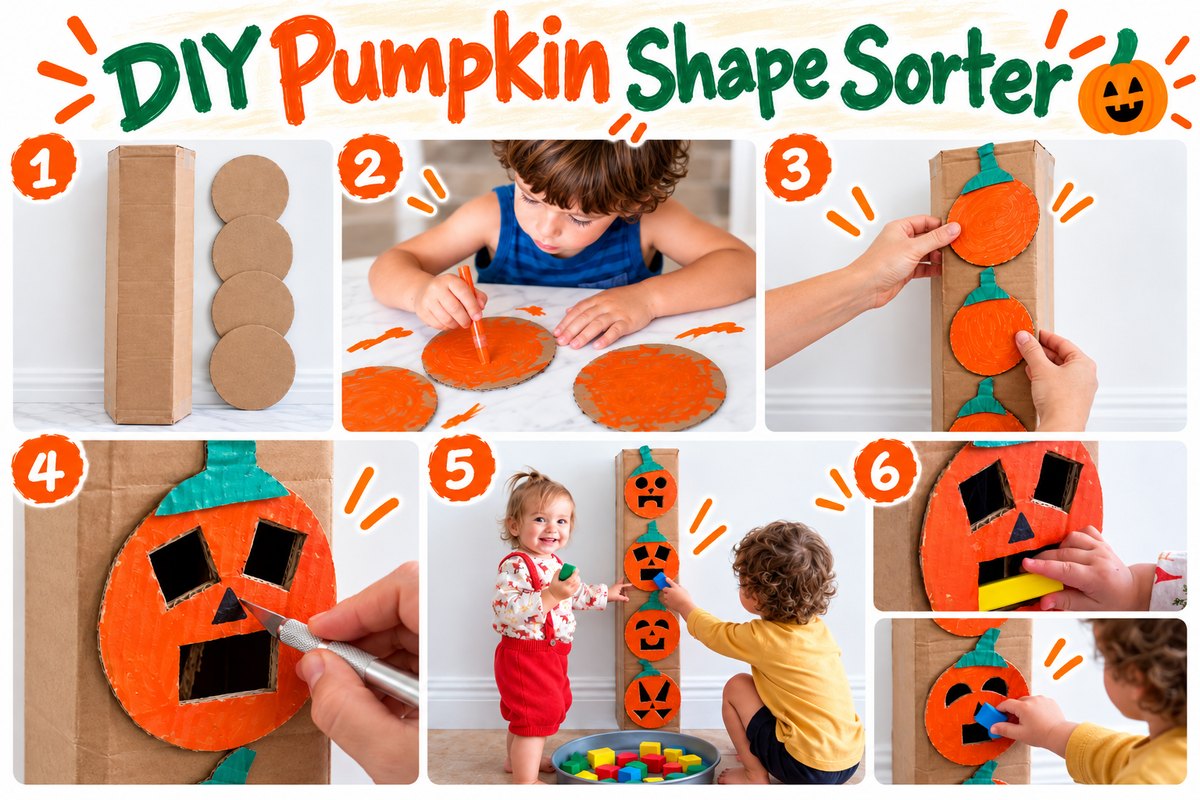 Six numbered step photos showing how to make a pumpkin shape sorter: a cardboard box and cut circles, a child painting the circles orange, gluing the pumpkins onto the box, cutting jack-o-lantern shape holes with a craft knife, and toddlers posting wooden blocks through the faces