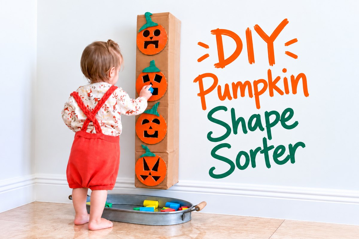 Toddler posting a wooden block into a cardboard jack-o-lantern shape sorter