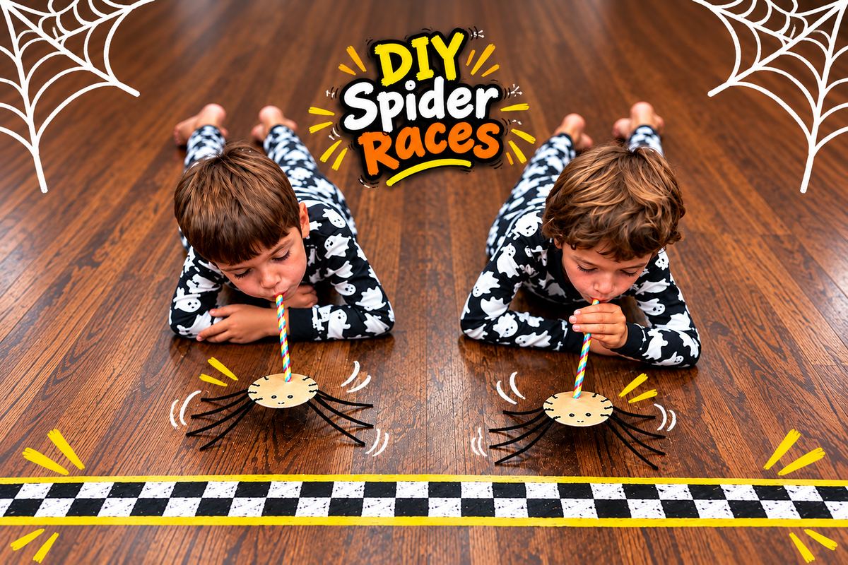 Two children lying on the floor racing cardboard spiders with straws