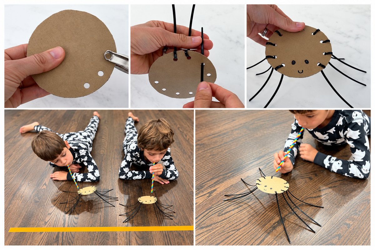 Five step photos showing how to make a cardboard spider: punching holes in a cardboard circle, threading black zip tie legs through, the finished spider with a face, and two kids racing their spiders with straws