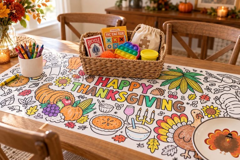 A small basket of quiet games and fidgets in the middle of a Thanksgiving kids table