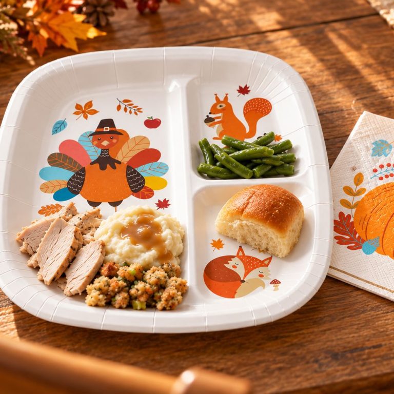 Small portions of Thanksgiving dinner on a divided plate for a child