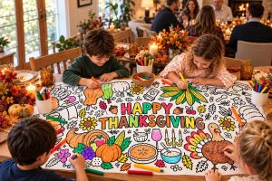 Thanksgiving kids table ideas - a giant coloring paper roll covering the table with crayons and turkey plates